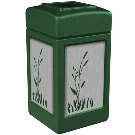 COMMERCIAL ZONE CZ 733960 42 Gallon Green Square Trash Receptacle with Stainless Steel Cattail Panels 278733960